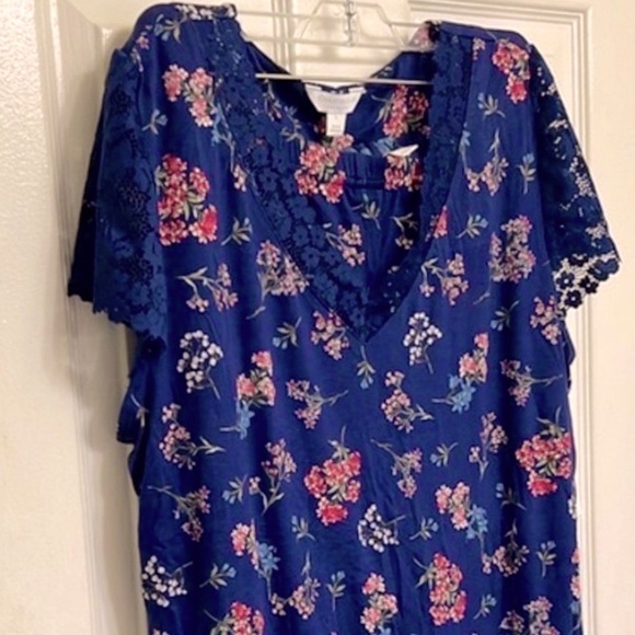 NWT 🛌  CHARTER CLUB BLUE FLORAL LACE TRIM SHORT SLEEVE PAJAMA SET Women L 12/14 - Picture 3 of 13
